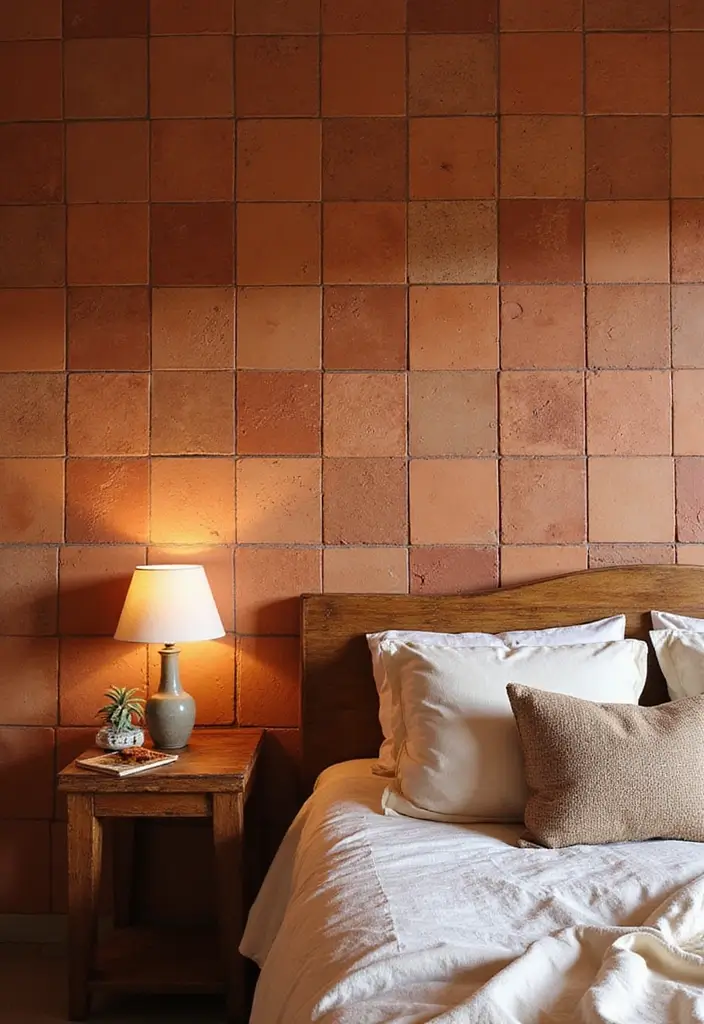 25 Bedroom Wall Tiles Ideas That Feel Modern and Elegant 5 25 Bedroom Wall Tiles Ideas That Feel Modern and Elegant - 4. Handcrafted Terracotta Tiles