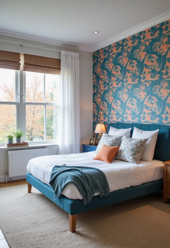25 Blue and Orange Bedroom Ideas That Are Vibrant & Unexpected 12 25 Blue and Orange Bedroom Ideas That Are Vibrant & Unexpected - 11. Playful Wallpaper