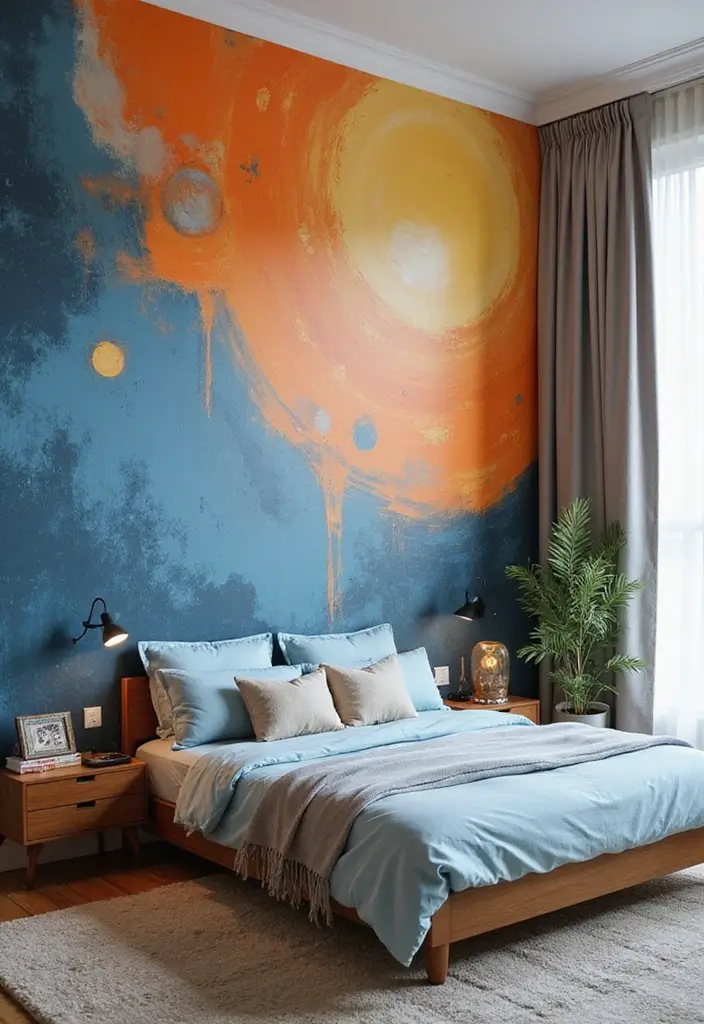 25 Blue and Orange Bedroom Ideas That Are Vibrant & Unexpected 15 25 Blue and Orange Bedroom Ideas That Are Vibrant & Unexpected - 14. Artistic Expression