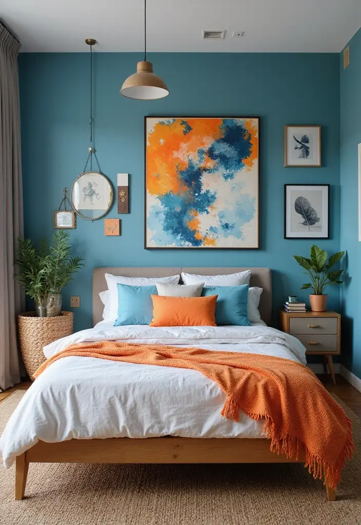 25 Blue and Orange Bedroom Ideas That Are Vibrant & Unexpected 18 25 Blue and Orange Bedroom Ideas That Are Vibrant & Unexpected - 17. Wall Art and Decor