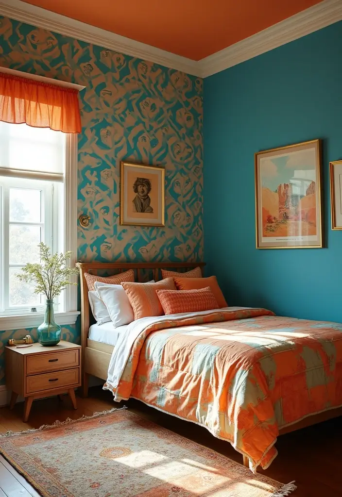 25 Blue and Orange Bedroom Ideas That Are Vibrant & Unexpected 3 25 Blue and Orange Bedroom Ideas That Are Vibrant & Unexpected - 2. Retro Vibes with Geometric Patterns