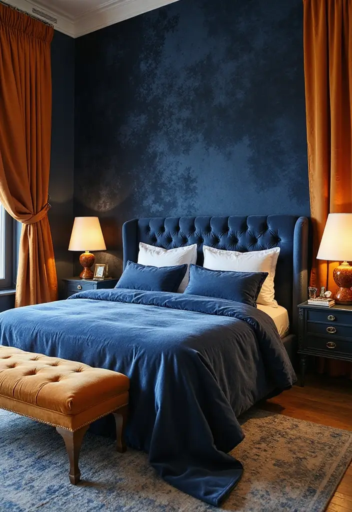 25 Blue and Orange Bedroom Ideas That Are Vibrant & Unexpected 4 25 Blue and Orange Bedroom Ideas That Are Vibrant & Unexpected - 3. Luxe Textures: Velvet and Silk