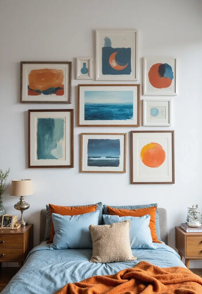 25 Blue and Orange Bedroom Ideas That Are Vibrant & Unexpected 5 25 Blue and Orange Bedroom Ideas That Are Vibrant & Unexpected - 4. Eclectic Art Display