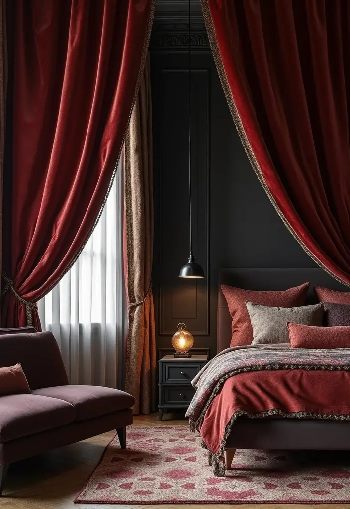 25 Dark Furniture Bedroom Ideas That Feel Rich and Dramatic 15 25 Dark Furniture Bedroom Ideas That Feel Rich and Dramatic - 14. Luxurious Curtains