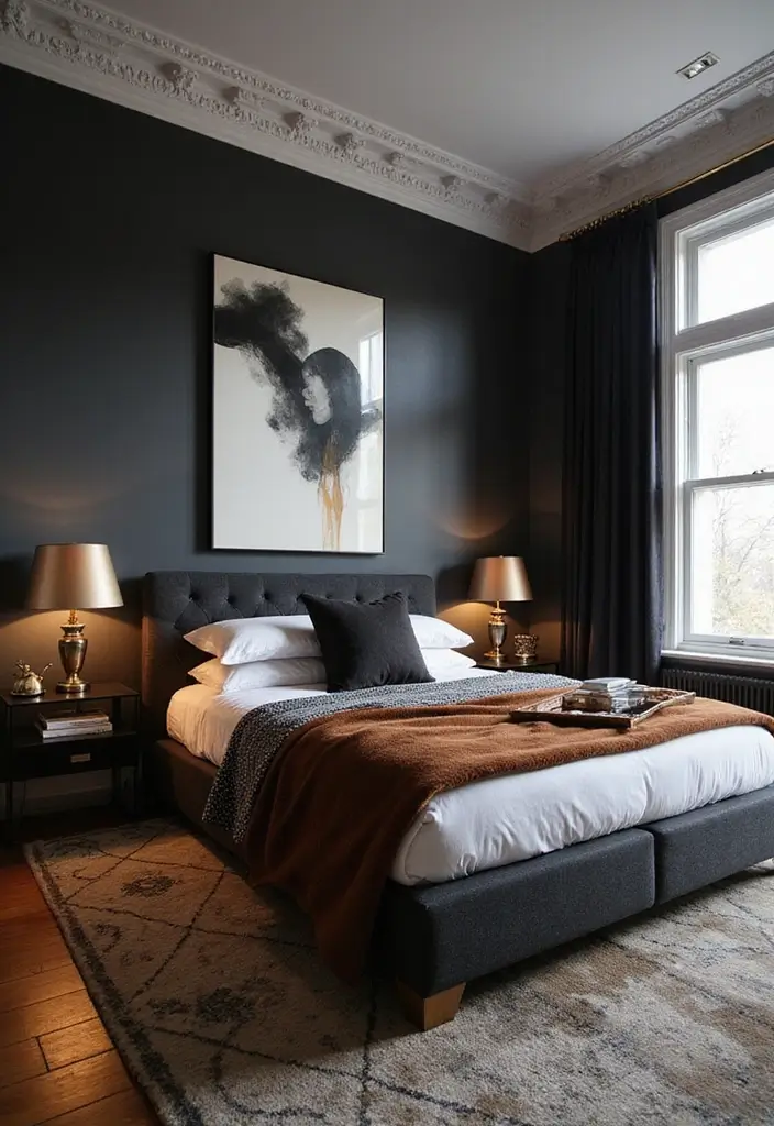 25 Dark Furniture Bedroom Ideas That Feel Rich and Dramatic 18 25 Dark Furniture Bedroom Ideas That Feel Rich and Dramatic - 17. Bold Accessories