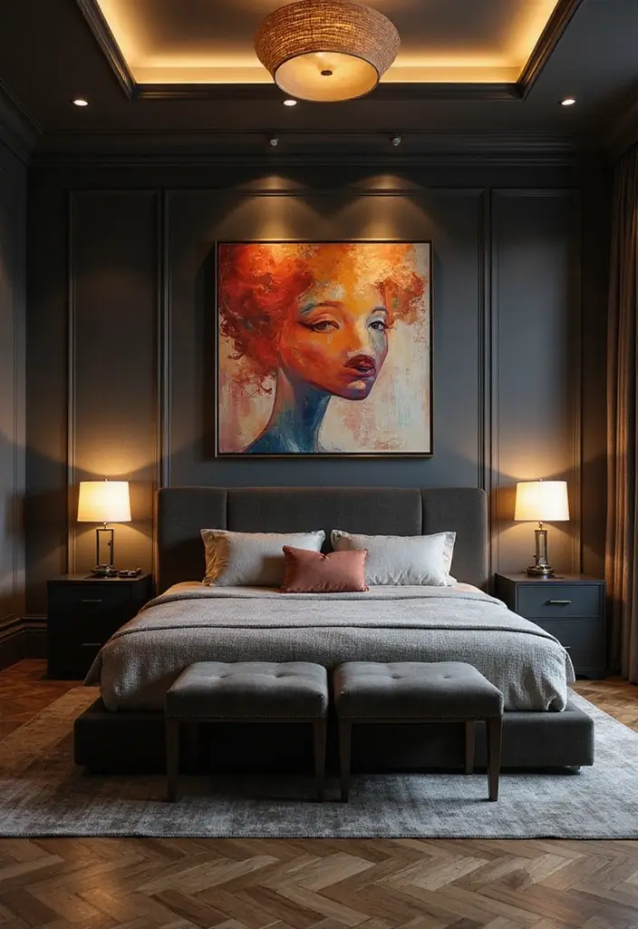 25 Dark Furniture Bedroom Ideas That Feel Rich and Dramatic 26 25 Dark Furniture Bedroom Ideas That Feel Rich and Dramatic - 25. Bold Artwork