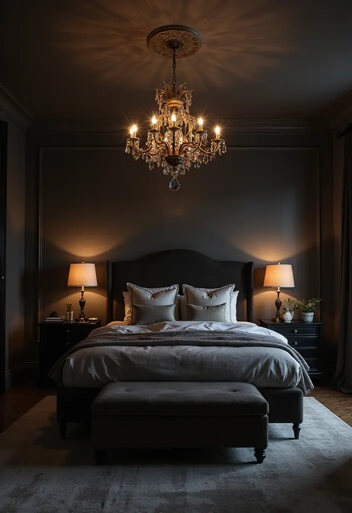 25 Dark Furniture Bedroom Ideas That Feel Rich and Dramatic 5 25 Dark Furniture Bedroom Ideas That Feel Rich and Dramatic - 4. Statement Lighting Fixtures