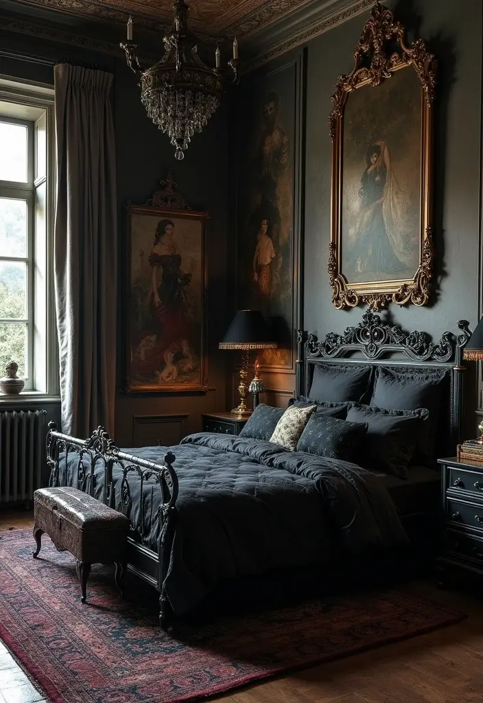25 Dark Furniture Bedroom Ideas That Feel Rich and Dramatic 8 25 Dark Furniture Bedroom Ideas That Feel Rich and Dramatic - 7. Gothic-Inspired Decor
