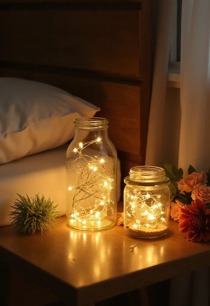 25 Fairy Lights Bedroom Ideas That Feel Dreamy and Magical 20 25 Fairy Lights Bedroom Ideas That Feel Dreamy and Magical - 19. Bedside Light Jars