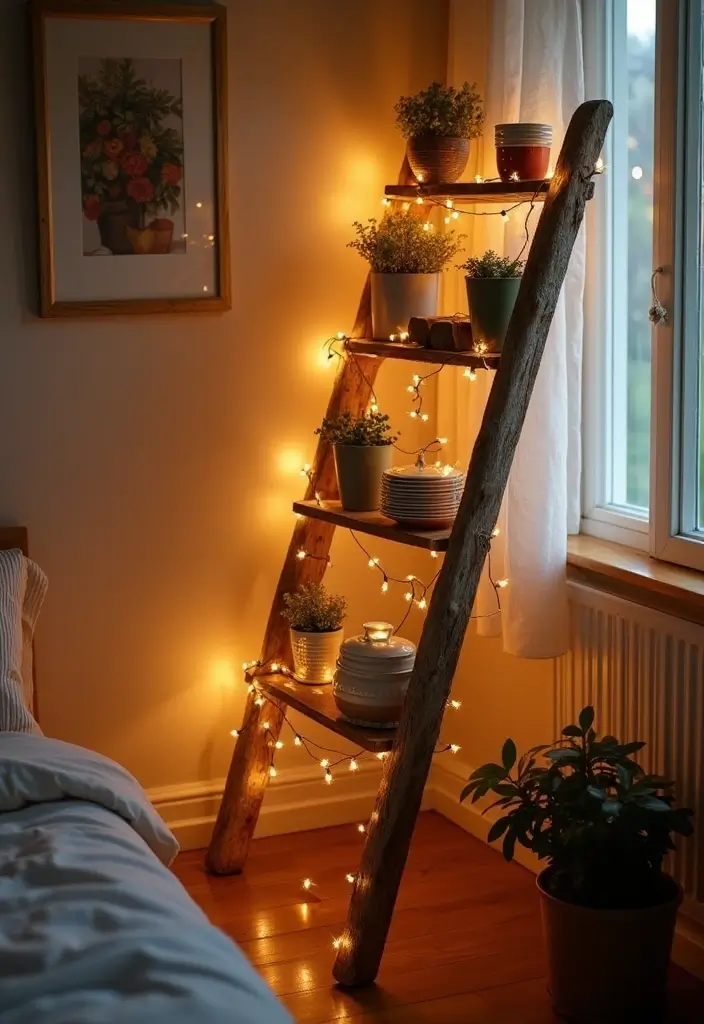 25 Fairy Lights Bedroom Ideas That Feel Dreamy and Magical 23 25 Fairy Lights Bedroom Ideas That Feel Dreamy and Magical - 22. Fairy Light Ladder Decor