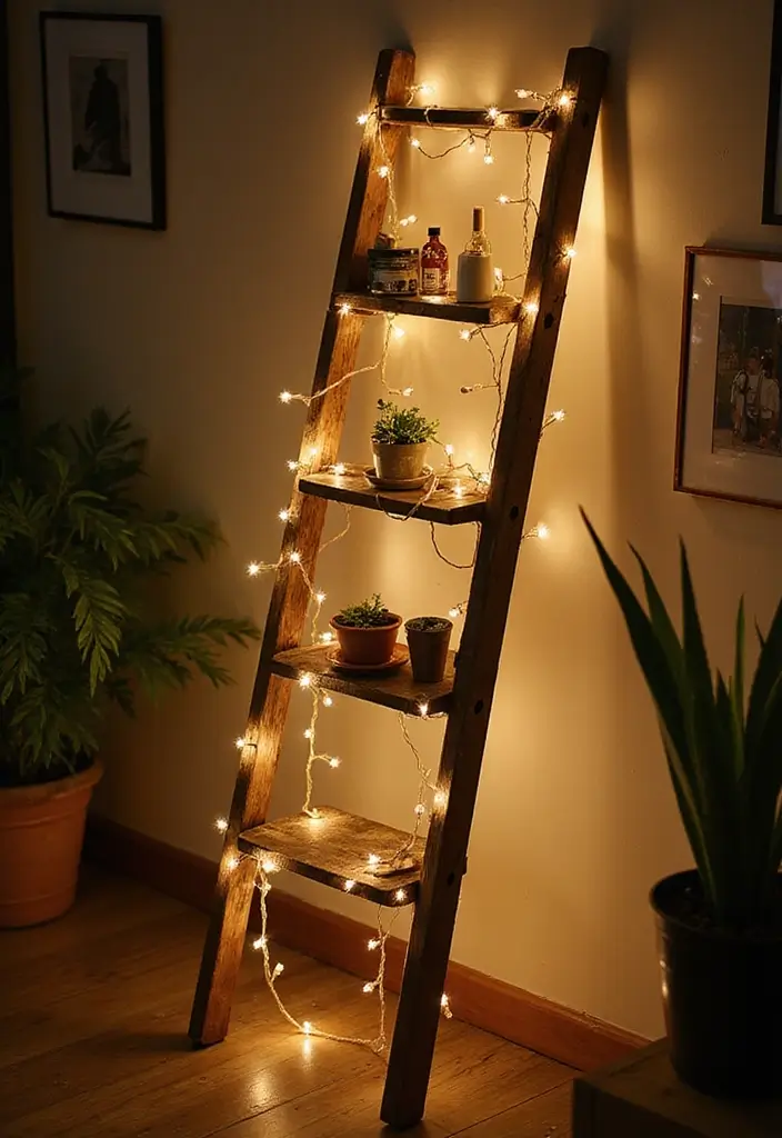 25 Fairy Lights Bedroom Ideas That Feel Dreamy and Magical 9 25 Fairy Lights Bedroom Ideas That Feel Dreamy and Magical - 8. Fairy Light Ladder