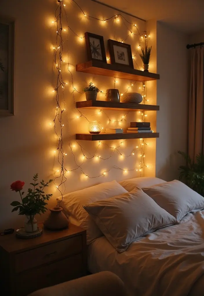 25 Fairy Lights Bedroom Ideas That Feel Dreamy and Magical 10 25 Fairy Lights Bedroom Ideas That Feel Dreamy and Magical - 9. Floating Shelves with Lights