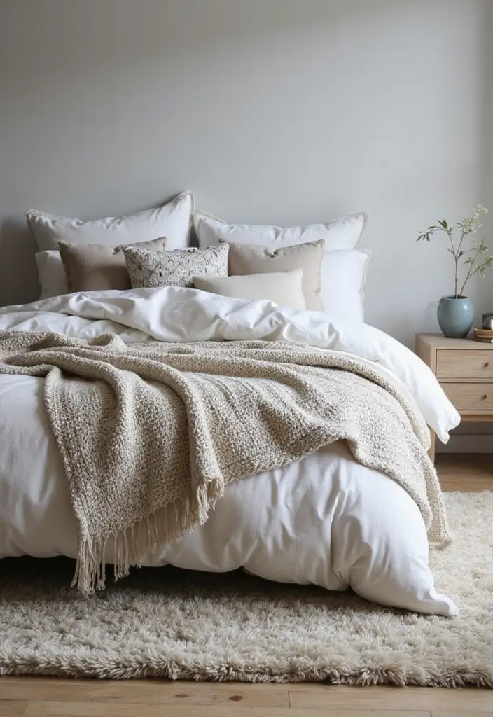 25 Neutral Bedroom Decor Ideas That Feel Cozy & Balanced 3 25 Neutral Bedroom Decor Ideas That Feel Cozy & Balanced - 2. Layered Textiles for Added Warmth