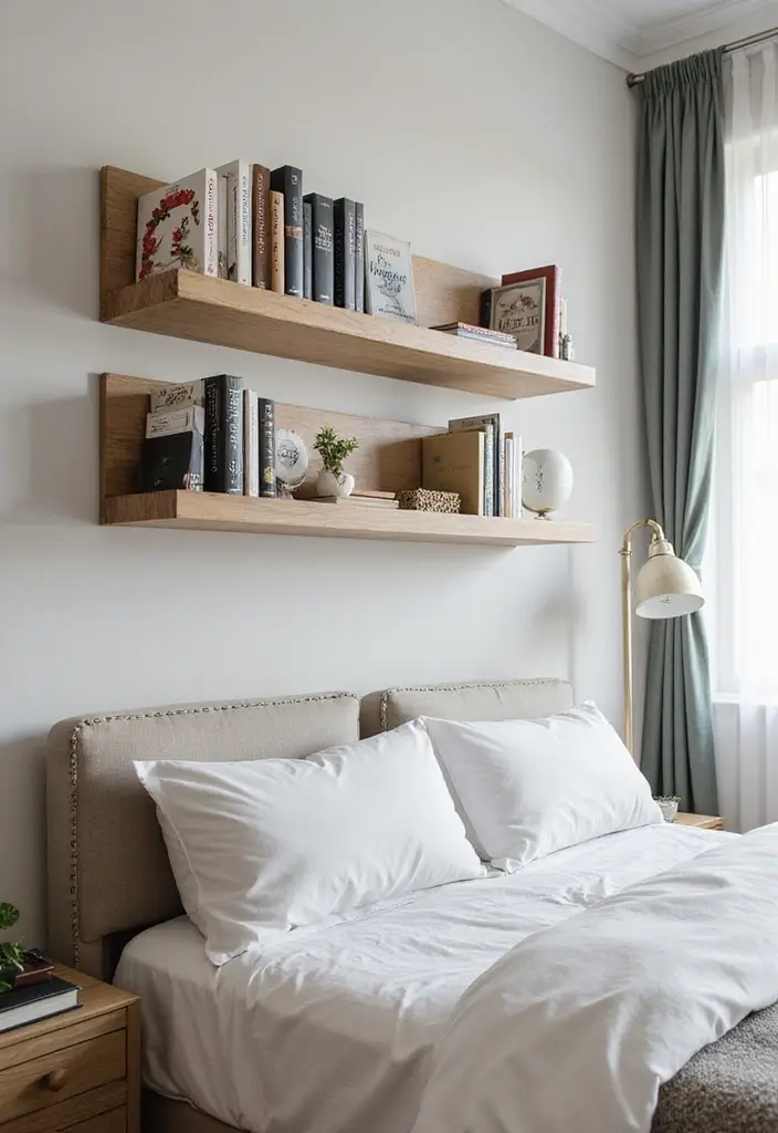 25 Neutral Bedroom Decor Ideas That Feel Cozy & Balanced 24 25 Neutral Bedroom Decor Ideas That Feel Cozy & Balanced - 23. Wall-mounted Shelves for Decor
