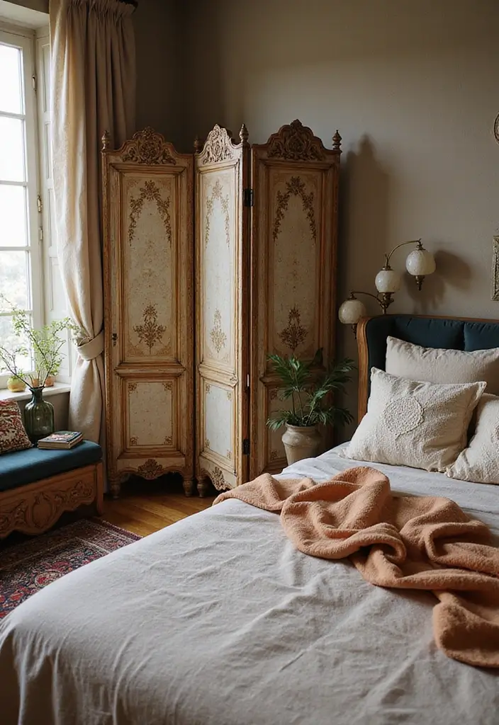 25 Room Divider Ideas Bedroom That Add Style & Privacy 3 25 Room Divider Ideas Bedroom That Add Style & Privacy - 2. Vintage Folding Screens