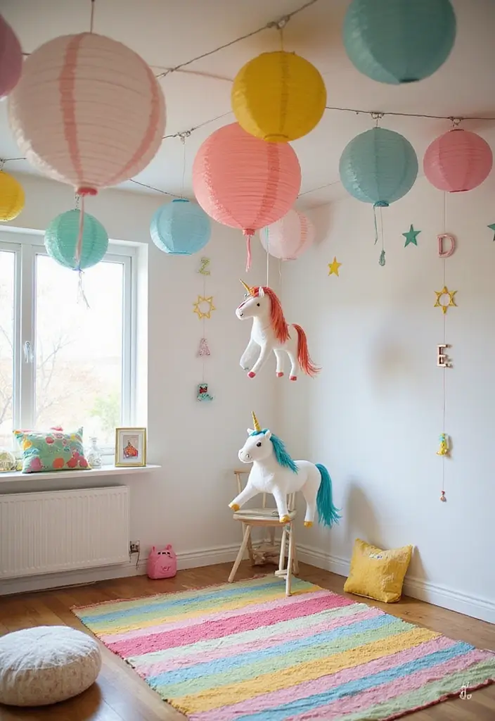 25 Unicorn Bedroom Ideas for Kid Rooms That Feel Magical - 13. Magical Unicorn Themed Ceiling Decor
