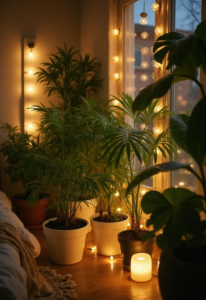 25 Vines in Bedroom Ideas That Bring Nature Indoors 24 25 Vines in Bedroom Ideas That Bring Nature Indoors - 23. Layered Lighting Around Plants