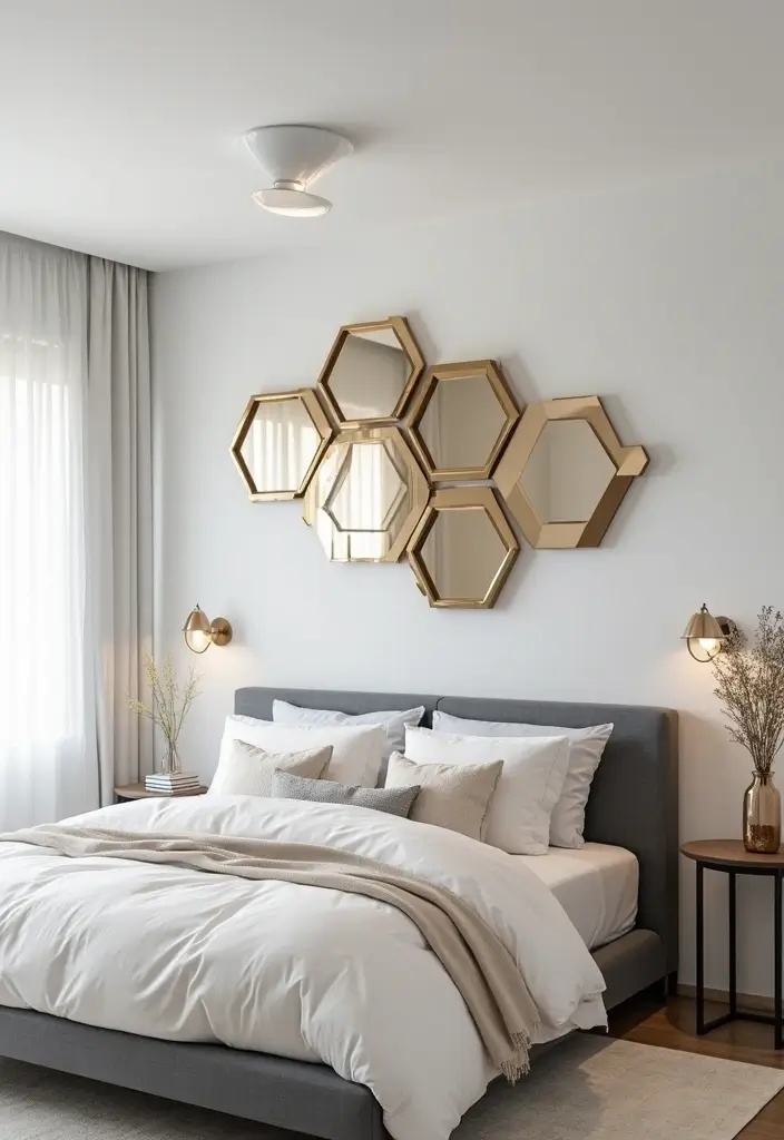 30 Bedroom Dressing Mirror Ideas That Add Light & Depth 31 30 Bedroom Dressing Mirror Ideas That Add Light & Depth - 30. Hexagonal Wall Art Mirrors