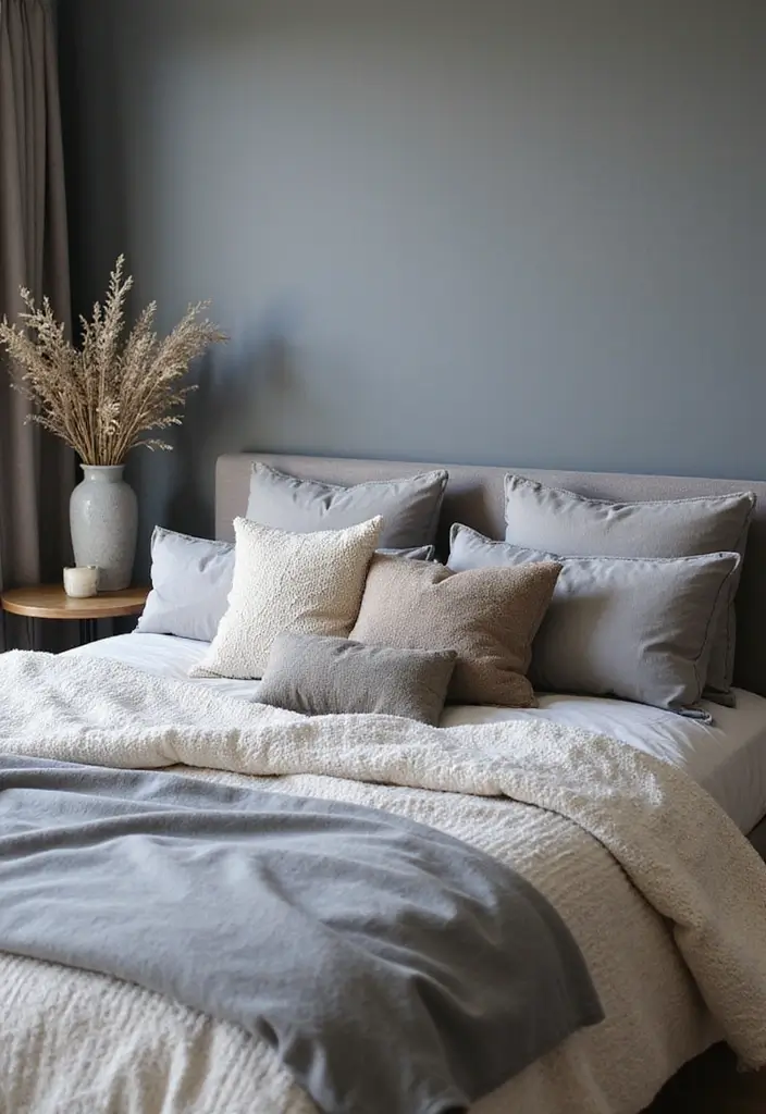 30 Bedroom Ideas with Grey Bed That Look Chic and Balanced 14 30 Bedroom Ideas with Grey Bed That Look Chic and Balanced - 13. Layered Bedding