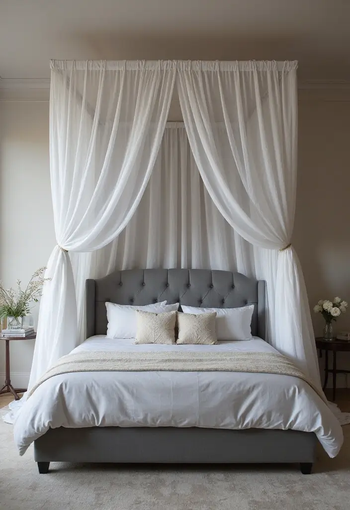 30 Bedroom Ideas with Grey Bed That Look Chic and Balanced 15 30 Bedroom Ideas with Grey Bed That Look Chic and Balanced - 14. Elegant Canopy