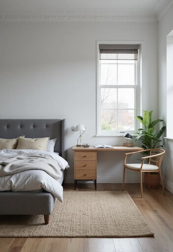 30 Bedroom Ideas with Grey Bed That Look Chic and Balanced 20 30 Bedroom Ideas with Grey Bed That Look Chic and Balanced - 19. Functional Workspace
