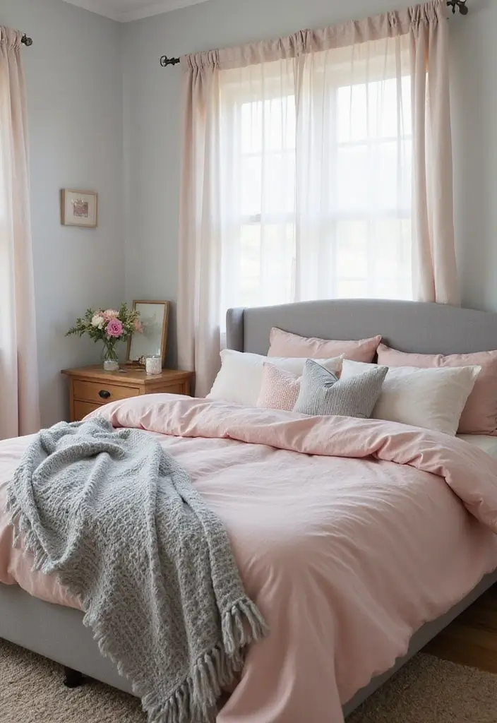 30 Bedroom Ideas with Grey Bed That Look Chic and Balanced 3 30 Bedroom Ideas with Grey Bed That Look Chic and Balanced - 2. Soft Pastels Pairing