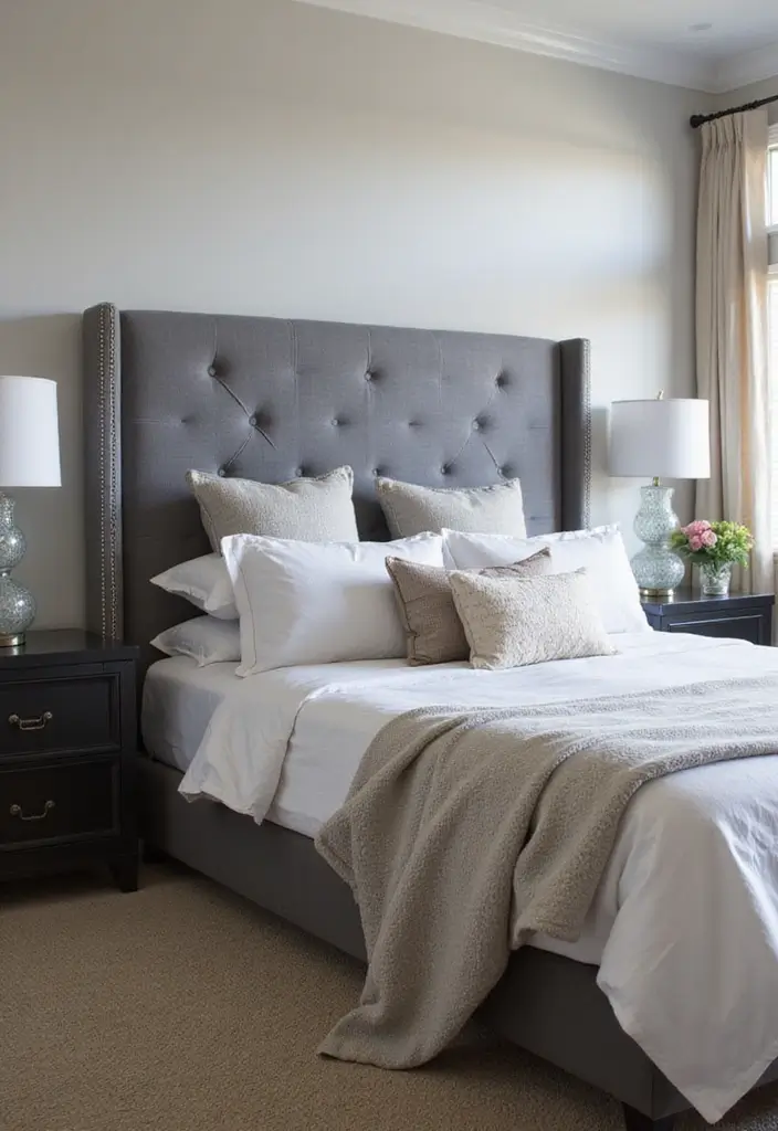 30 Bedroom Ideas with Grey Bed That Look Chic and Balanced 21 30 Bedroom Ideas with Grey Bed That Look Chic and Balanced - 20. Customized Headboard