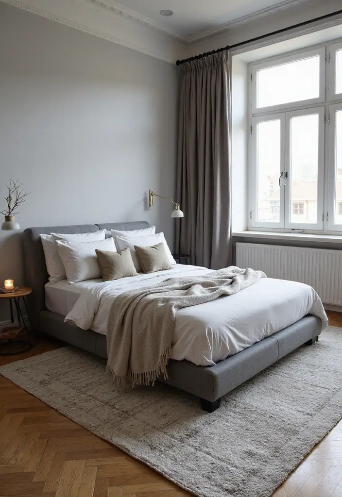 30 Bedroom Ideas with Grey Bed That Look Chic and Balanced 29 30 Bedroom Ideas with Grey Bed That Look Chic and Balanced - 28. Layered Rugs