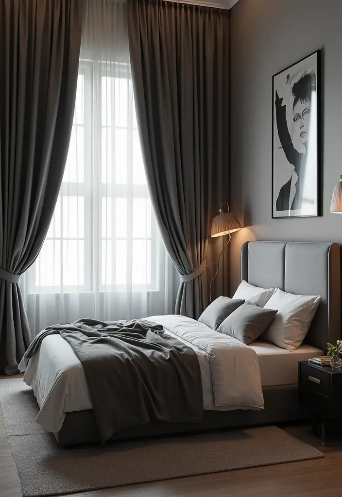 30 Bedroom Ideas with Grey Bed That Look Chic and Balanced 30 30 Bedroom Ideas with Grey Bed That Look Chic and Balanced - 29. Elegant Drapery