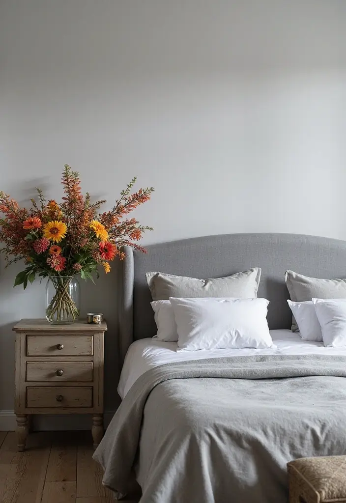 30 Bedroom Ideas with Grey Bed That Look Chic and Balanced 31 30 Bedroom Ideas with Grey Bed That Look Chic and Balanced - 30. Seasonal Floral Arrangements