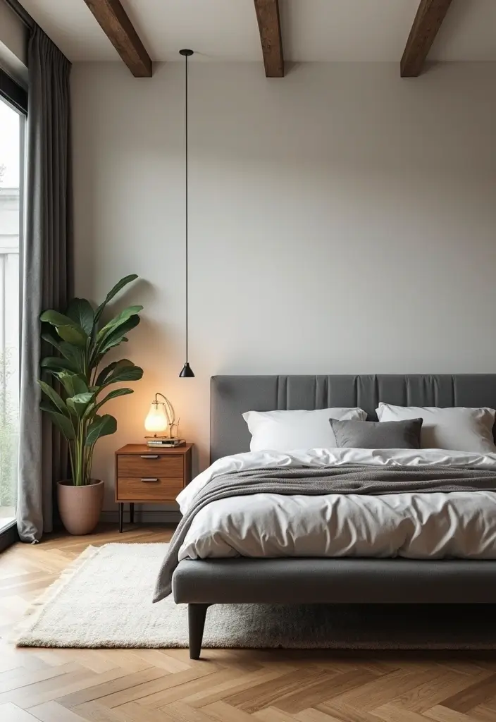 30 Bedroom Ideas with Grey Bed That Look Chic and Balanced 9 30 Bedroom Ideas with Grey Bed That Look Chic and Balanced - 8. Mid-Century Modern Flair