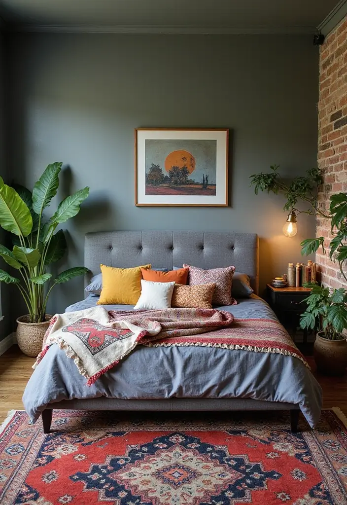 30 Bedroom Ideas with Grey Bed That Look Chic and Balanced 10 30 Bedroom Ideas with Grey Bed That Look Chic and Balanced - 9. Cozy Bohemian Nook