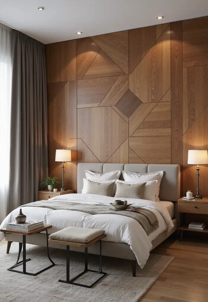 30 Bedroom Wall Paneling Ideas That Add Texture & Warmth 27 30 Bedroom Wall Paneling Ideas That Add Texture & Warmth - 26. Geometric Wood Patterns