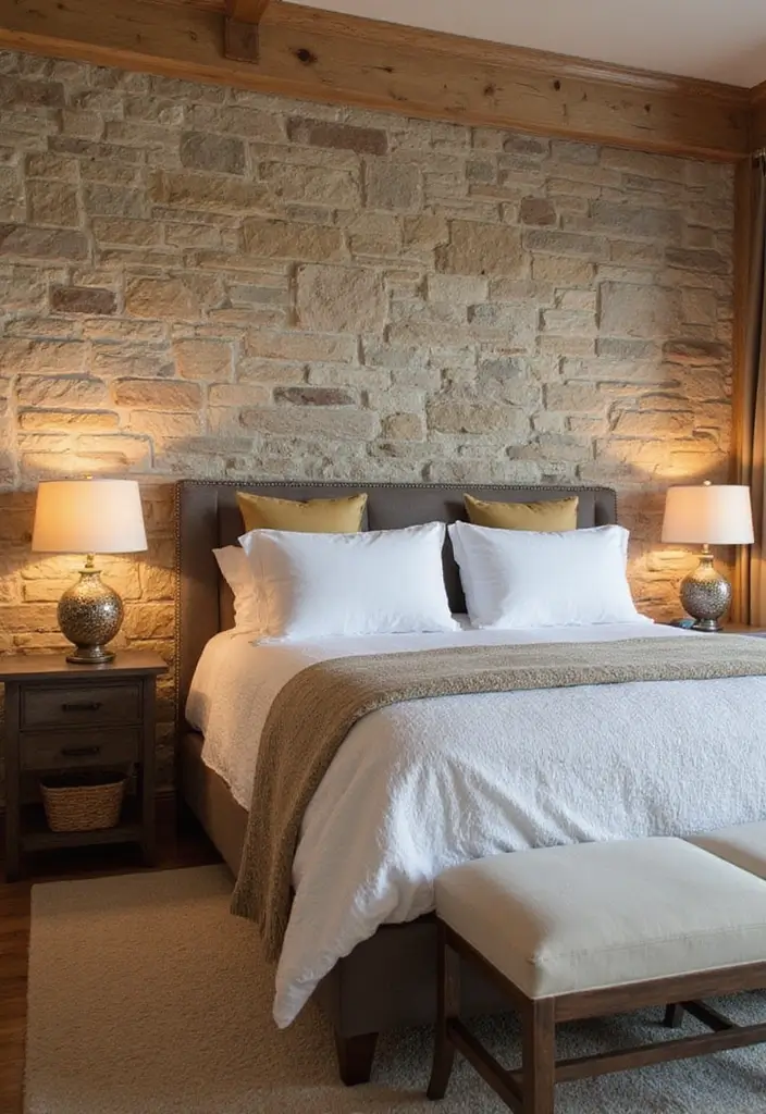 30 Bedroom Wall Paneling Ideas That Add Texture & Warmth 8 30 Bedroom Wall Paneling Ideas That Add Texture & Warmth - 7. Stone Veneer Accent Wall