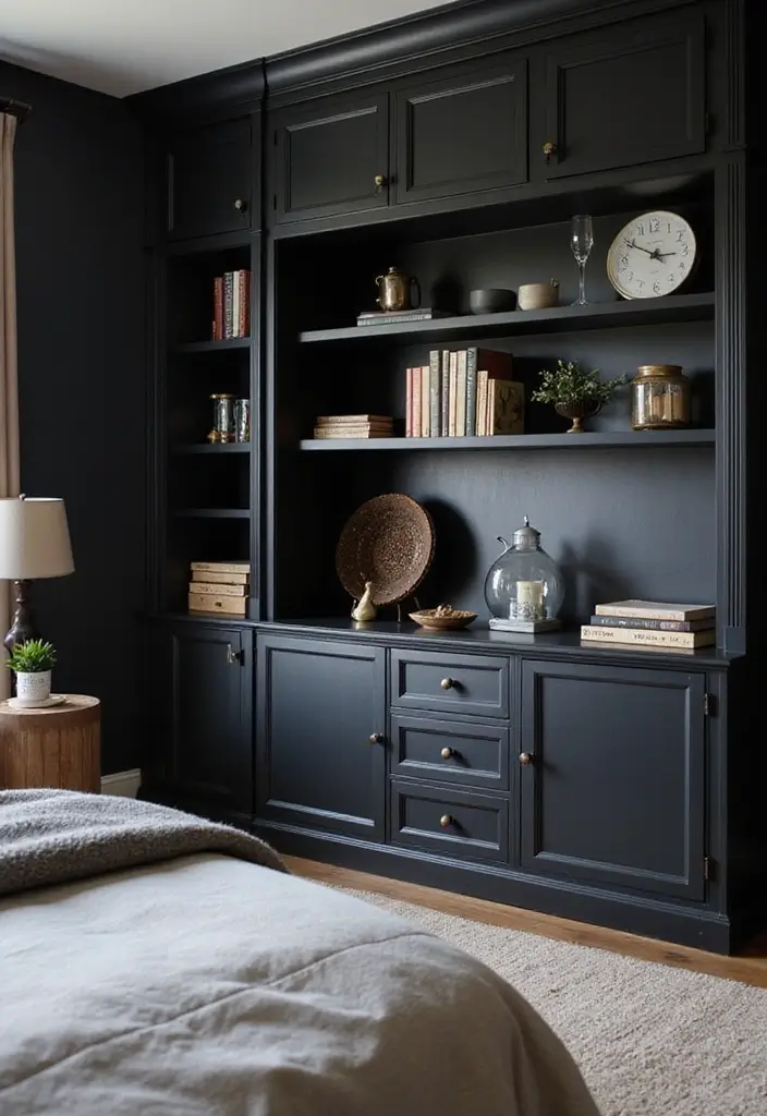 30 Black Aesthetic Bedroom Ideas That Are Sleek and Stylish 18 30 Black Aesthetic Bedroom Ideas That Are Sleek and Stylish - 17. Custom Built-ins