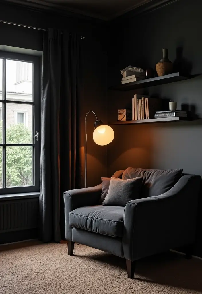 30 Black Aesthetic Bedroom Ideas That Are Sleek and Stylish 3 30 Black Aesthetic Bedroom Ideas That Are Sleek and Stylish - 2. Cozy Corner Nook