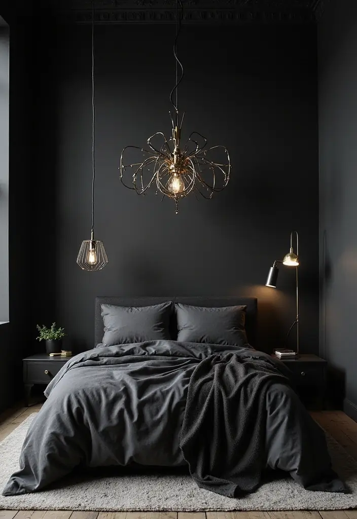 30 Black Aesthetic Bedroom Ideas That Are Sleek and Stylish 27 30 Black Aesthetic Bedroom Ideas That Are Sleek and Stylish - 26. Artistic Light Fixtures