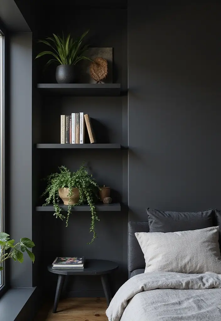 30 Black Aesthetic Bedroom Ideas That Are Sleek and Stylish 29 30 Black Aesthetic Bedroom Ideas That Are Sleek and Stylish - 28. Open Shelving