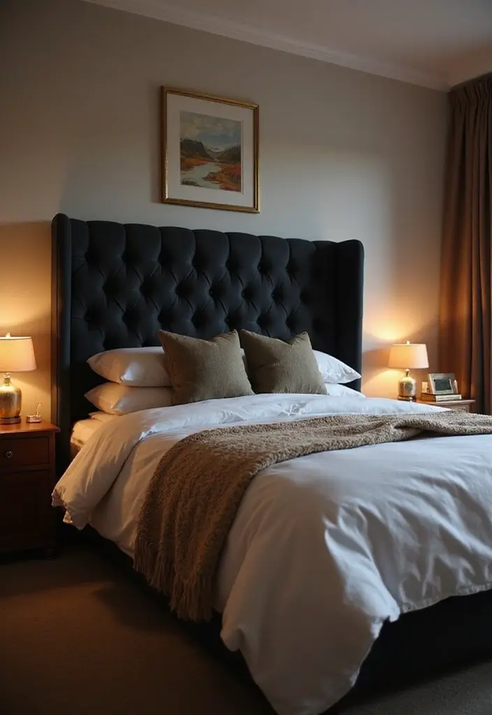 30 Black Headboard Bedroom Ideas That Make a Bold Statement 3 30 Black Headboard Bedroom Ideas That Make a Bold Statement - 2. Upholstered Elegance