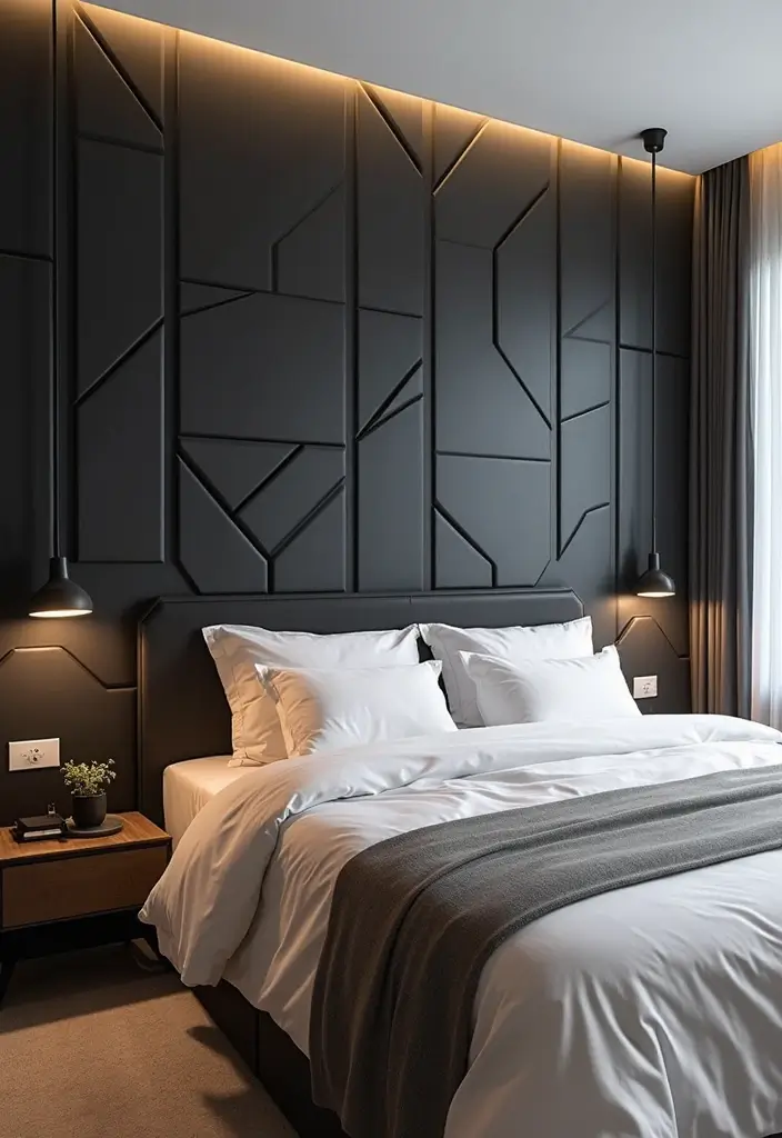 30 Black Headboard Bedroom Ideas That Make a Bold Statement 25 30 Black Headboard Bedroom Ideas That Make a Bold Statement - 24. Geometric Design