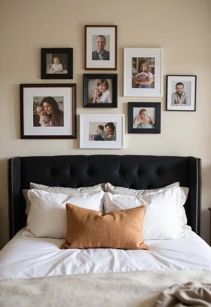 30 Black Headboard Bedroom Ideas That Make a Bold Statement 28 30 Black Headboard Bedroom Ideas That Make a Bold Statement - 27. Family Photos