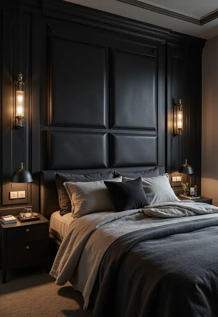 30 Black Headboard Bedroom Ideas That Make a Bold Statement 29 30 Black Headboard Bedroom Ideas That Make a Bold Statement - 28. Dramatic Wall Panels