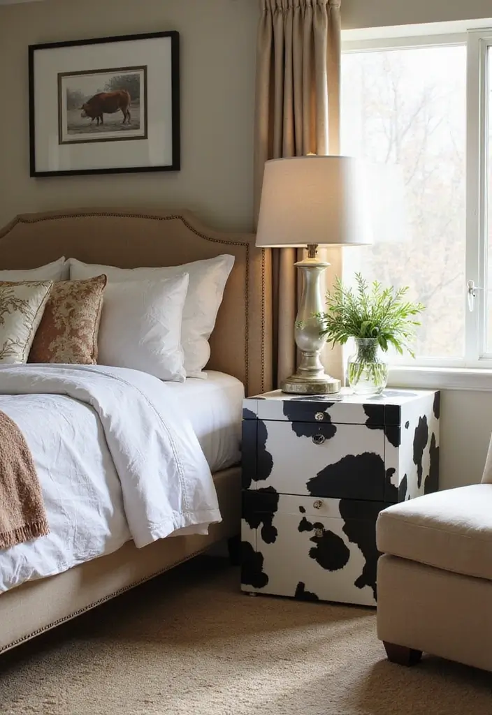 30 Cow Print Bedroom Ideas That Feel Fun & Trendy 27 30 Cow Print Bedroom Ideas That Feel Fun & Trendy - 26. Cow Print Themed Bedside Tables