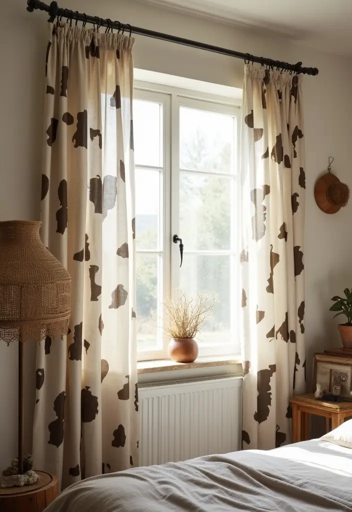 30 Cow Print Bedroom Ideas That Feel Fun & Trendy 7 30 Cow Print Bedroom Ideas That Feel Fun & Trendy - 6. Charming Cow Print Curtains