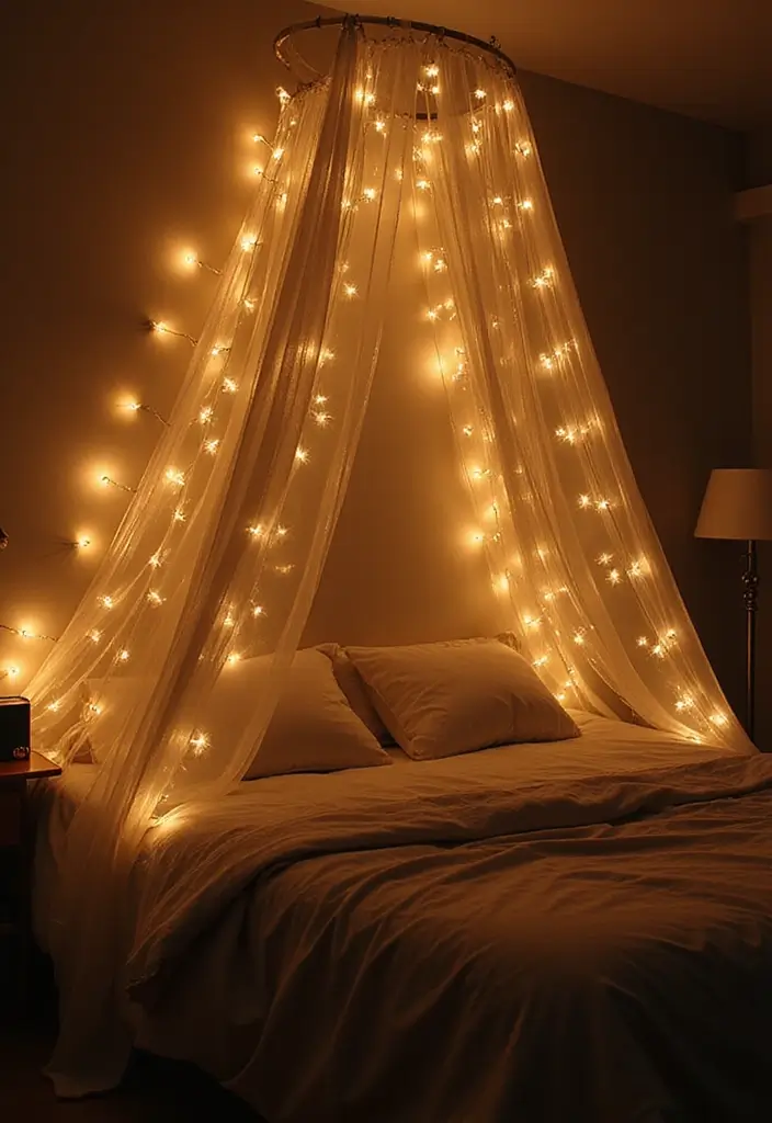30 DIY Home Decor Easy Bedroom Craft Ideas You’ll Love Making 15 30 DIY Home Decor Easy Bedroom Craft Ideas You’ll Love Making - 14. String Light Canopy