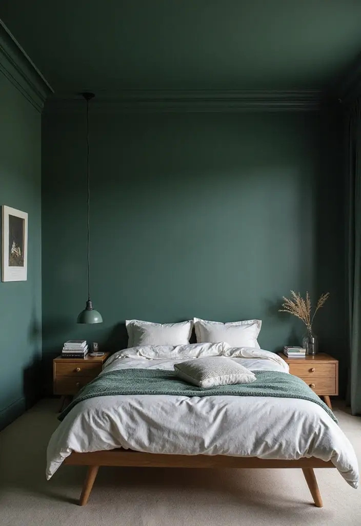 30 Dark Green Bedroom Ideas That Feel Cozy, Calm & Luxurious 11 30 Dark Green Bedroom Ideas That Feel Cozy, Calm & Luxurious - 10. Dark Green Ceiling for a Unique Twist
