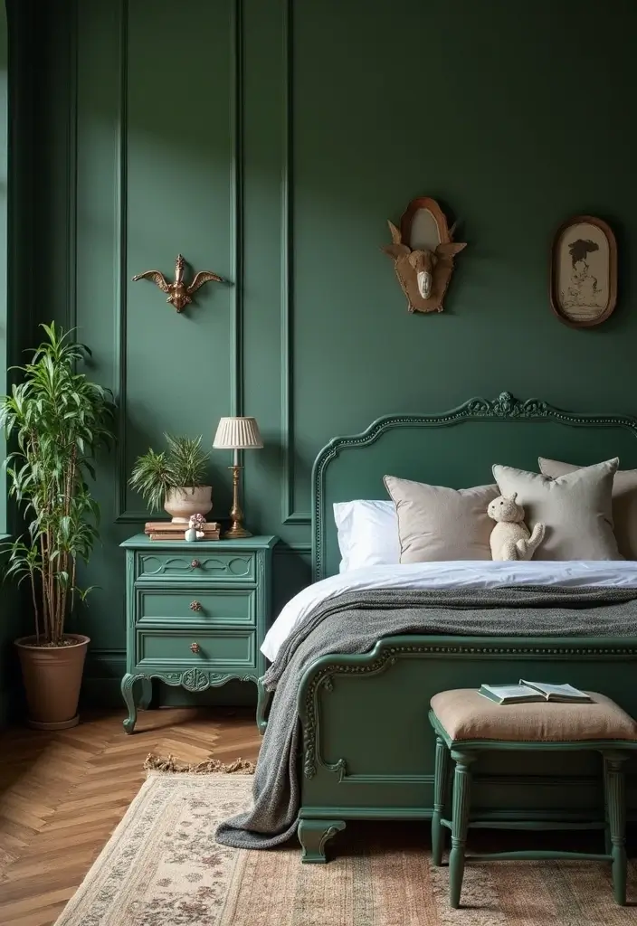 30 Dark Green Bedroom Ideas That Feel Cozy, Calm & Luxurious 12 30 Dark Green Bedroom Ideas That Feel Cozy, Calm & Luxurious - 11. Vintage Furniture for Charm