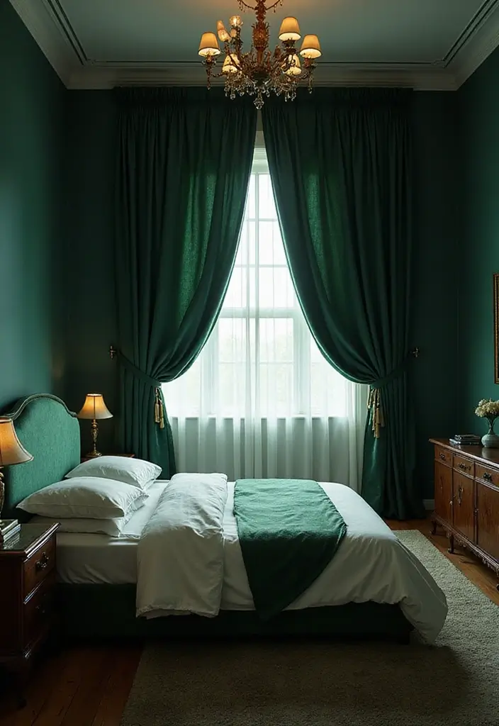 30 Dark Green Bedroom Ideas That Feel Cozy, Calm & Luxurious 13 30 Dark Green Bedroom Ideas That Feel Cozy, Calm & Luxurious - 12. Dark Green Curtains for a Dramatic Effect