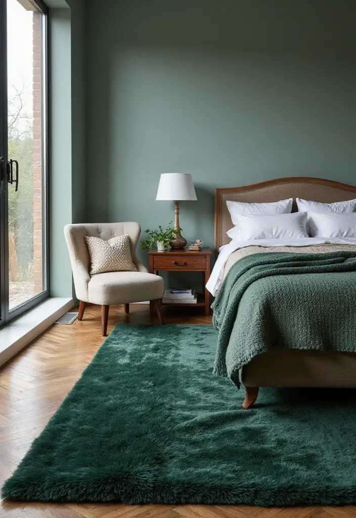 30 Dark Green Bedroom Ideas That Feel Cozy, Calm & Luxurious 15 30 Dark Green Bedroom Ideas That Feel Cozy, Calm & Luxurious - 14. Dark Green Rugs for Cozy Comfort