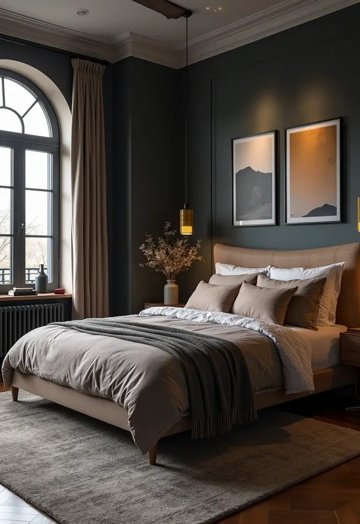 30 Dark Green Bedroom Ideas That Feel Cozy, Calm & Luxurious 16 30 Dark Green Bedroom Ideas That Feel Cozy, Calm & Luxurious - 15. Personalized Artwork in Dark Hues